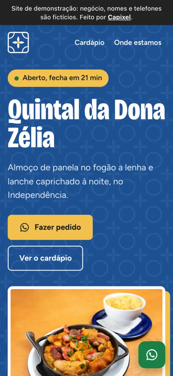Sample restaurant website on a phone